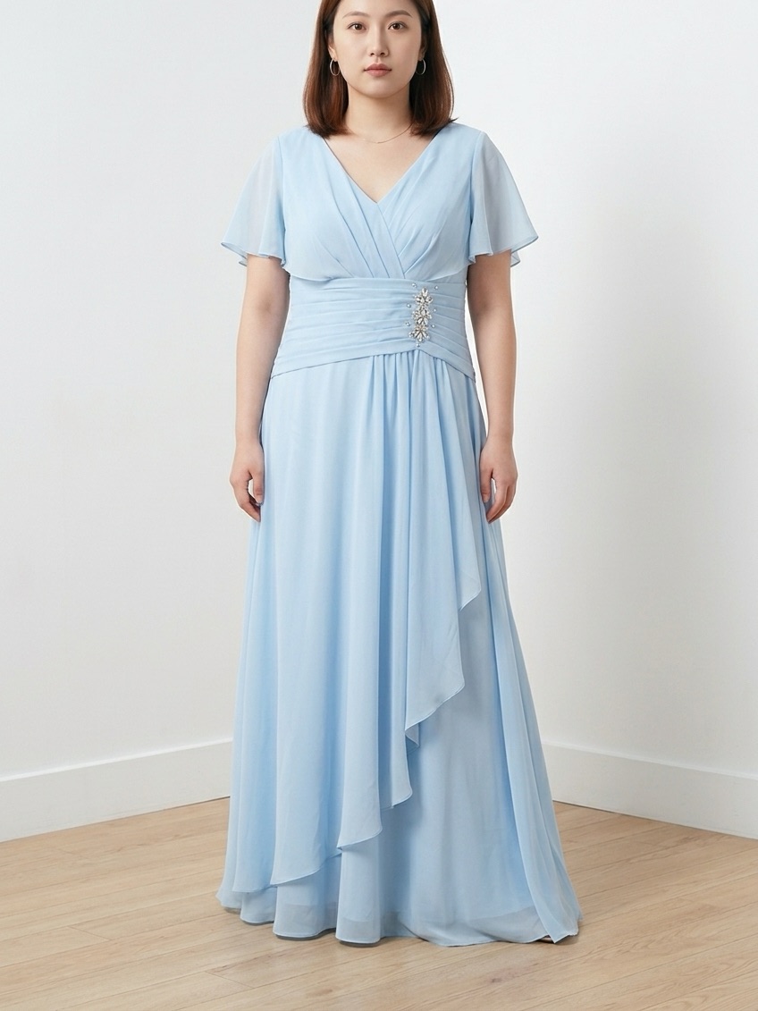 Light Blue V-Neck Chiffon Evening Dress With Embellished Waist